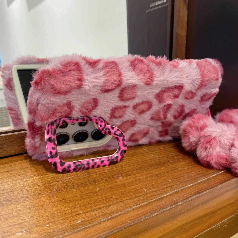 Leopard Print Fuzzy Plush Phone Case with Stand Holder and Lanyard