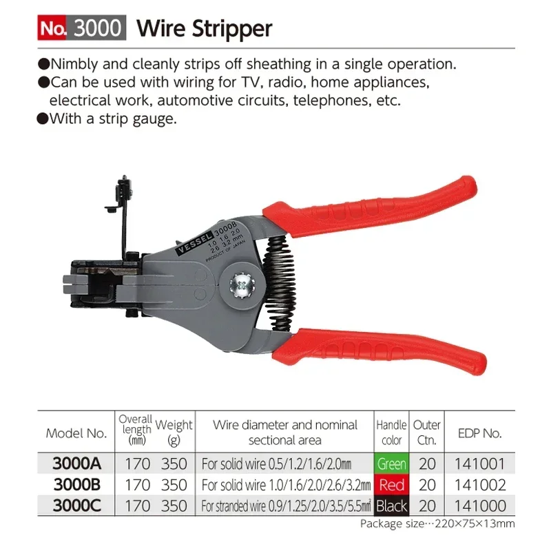 VESSEL Wire Stripper for Solid Wire and Stranded Wire Include a Stripper Gauge Decrustation Pliers 3000A 3000B 3000C Electro - t 2