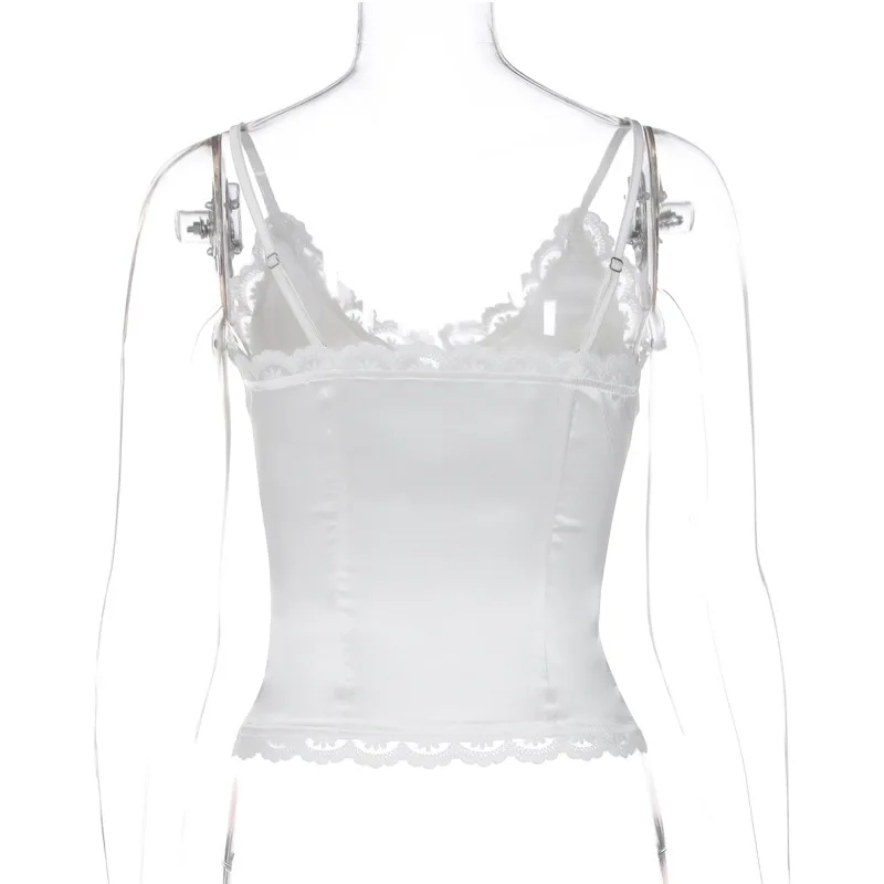 Lace Casual Female Camisole Y2k Top V-Neck High Waist Streetwear White Backless Patchwork See-Through Women Tank Top Vest