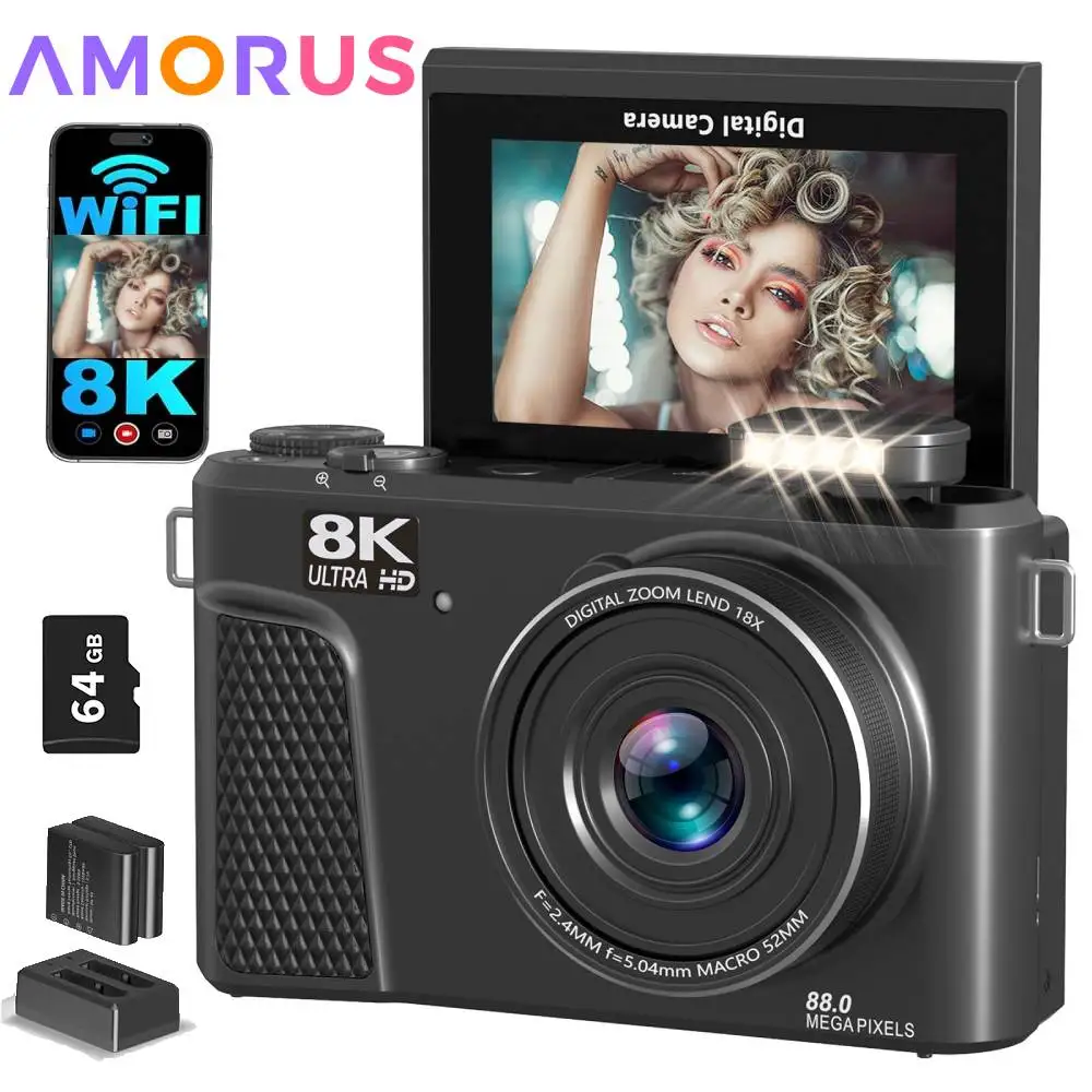Caméra d'action 8K 88MP avec WiFi et écran rotatif 3 pouces en rose, montrant l'écran incliné