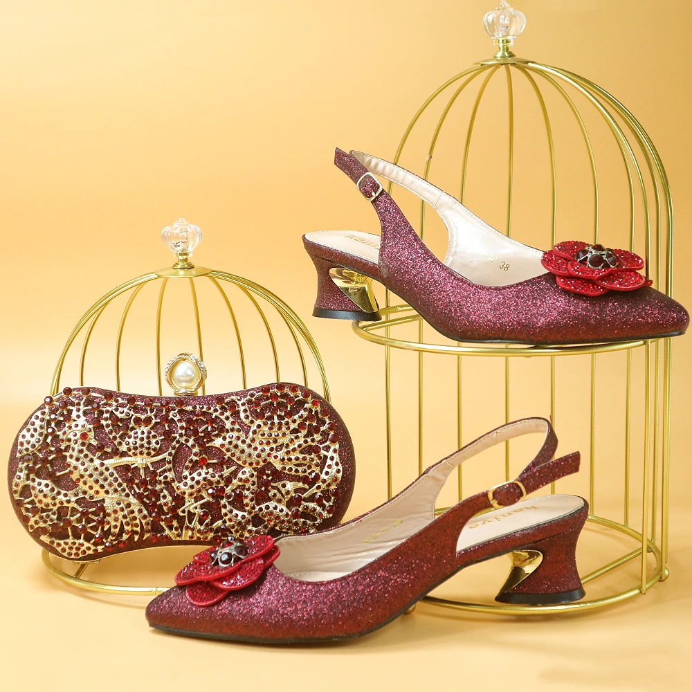 

Doershow nice African Shoes And Bag Matching Set With wine Hot Selling Women Italian Shoes And Bag Set For Party HYU1-36