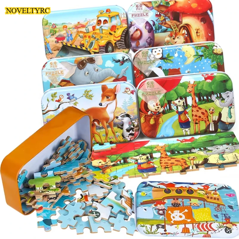 Cartoon Girl Boy Children Toddler Wooden Game Puzzle Paper Puzzle Iron Box 60 Metal Tin Box Children's Toy Holiday Gift