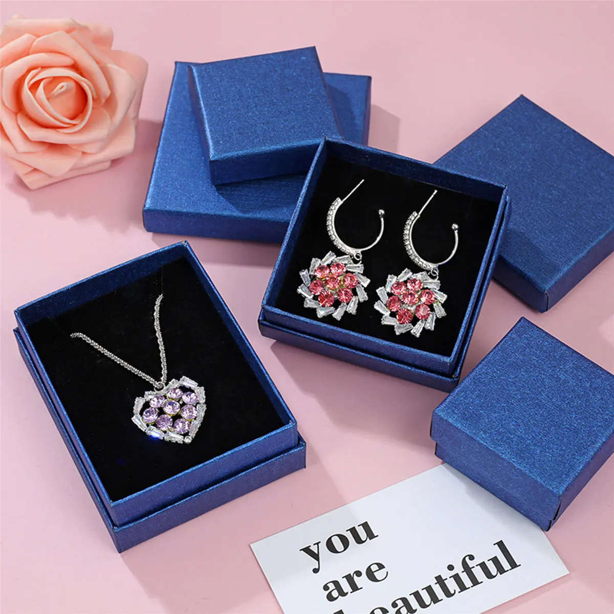 5PCS Fashion Blue Gift Box Exquisite Paperboard Case for Festival Gift Jewelry Earrings Necklace Ring Bracelet Packaging, 6 Size