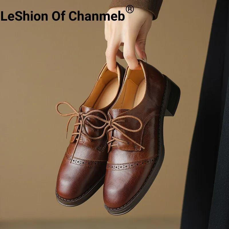 

LeShion Of Chanmeb Handmade Real Leather Women Brogues Shoes Retro British Carved Cut-out Oxfords Block Heels Lace-up Shoe 34-43