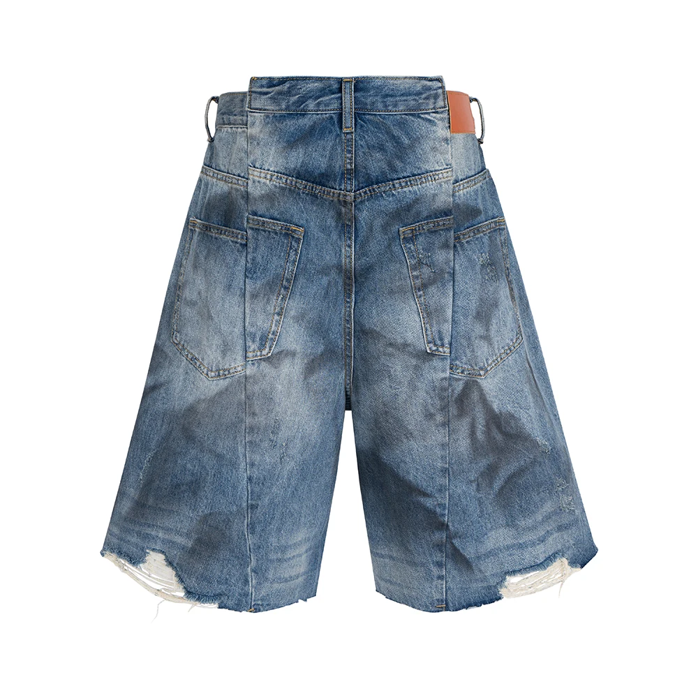 High Street Wrinkled Washed Dirty Dyed Vintage Ripped Distressed Baggy Five Point Pants Oversized Denim Shorts for Men