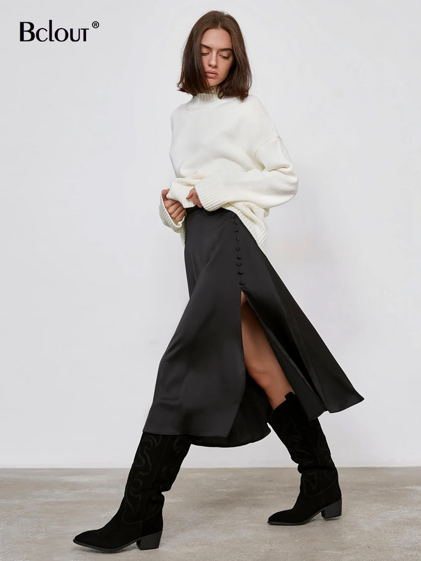 Store Home Products Feedback Bclout Elegant Black Satin Skirts Women 2023 Winter High Waist Office Lady Long Skirts Fashion Button .webp