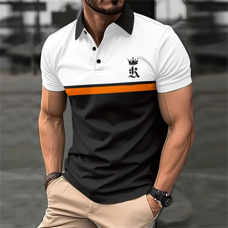 

Funny Letter Print Polo T Shirt For Men Summer Casual Lapel Button Blouse Fashion Contrasting Colors Patchwork Short Sleeve Tops