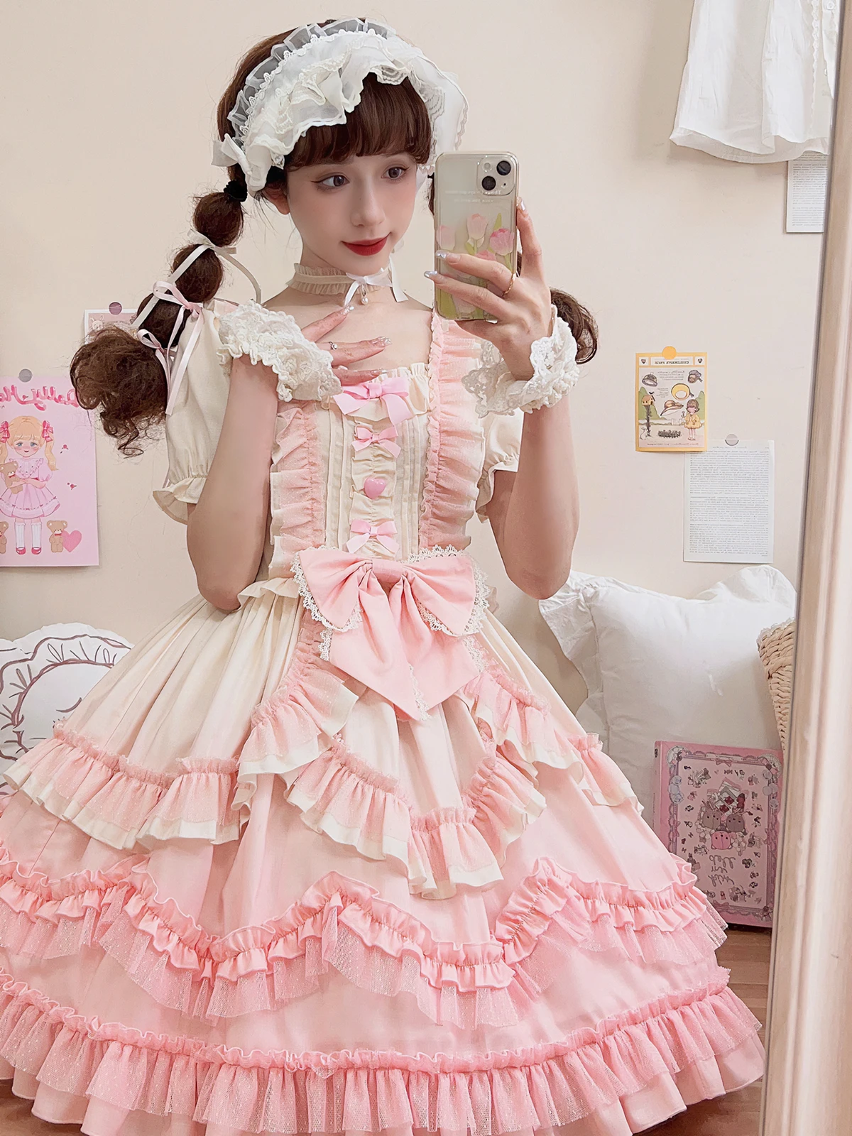 Pink Girl Dress Short Sleeve Layered Ruffles Bows Lolita One Piece Dress