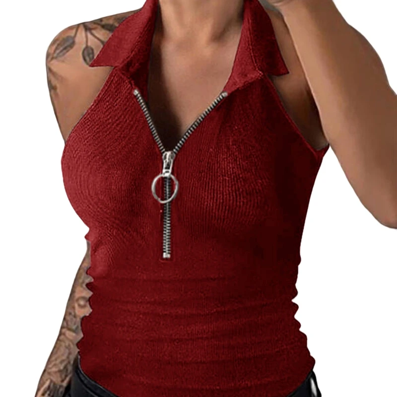 

Lady Solid Color Turn Down Collar Tank Tops Women's Zipper Fashion Sleeveless Vest Summer Fashion Streetwear Girls Tees