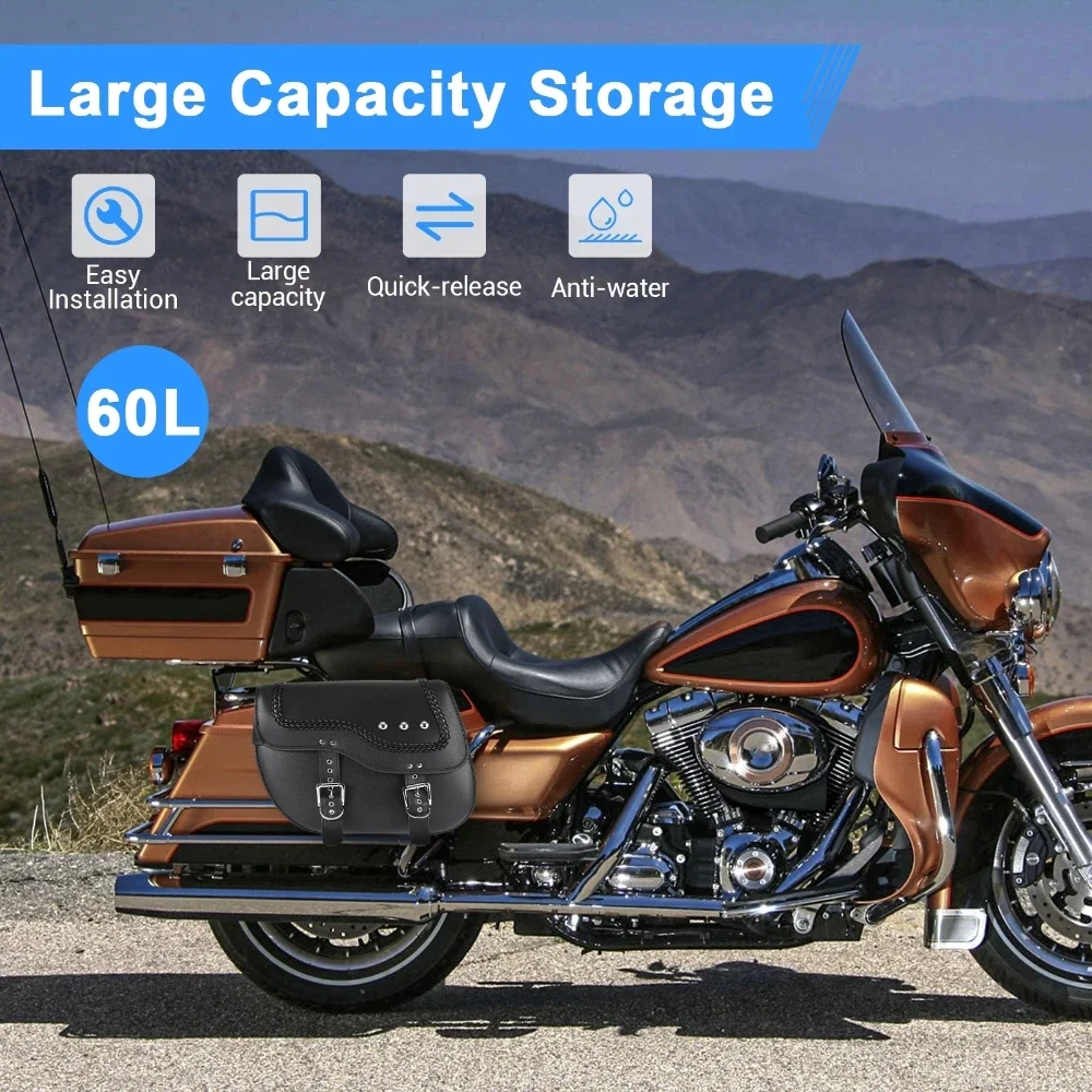 1 Pair Motorcycle Saddlebags Rear Side Bags Pannier Luggage Storage Bag PU Leather 42x15x30 CM Large Capacity Waterproof