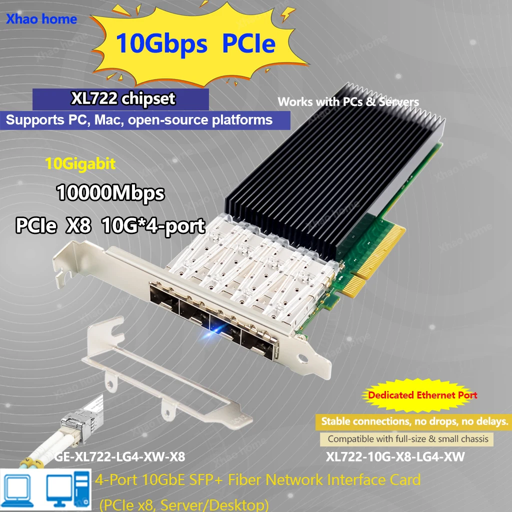 Intel X722 칩 쿼드 포트 10G SFP+ 파이버 서버 네트워크 카드 SR-IOV 가상화용 4포트 엔터프라이즈 이더넷 어댑터