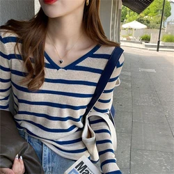 Women Trendy Casual Striped Chic Y2K All Match Basic Knitwear Autumn Korean Female Simple V Neck Long Sleeve Slim Pullover Tops