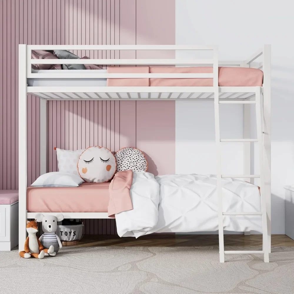 Twin Over Twin Metal Bunk Bed for Juniors, Industrial Bunk Beds Frame with Inclined Stairs & Full-Length Guardrail