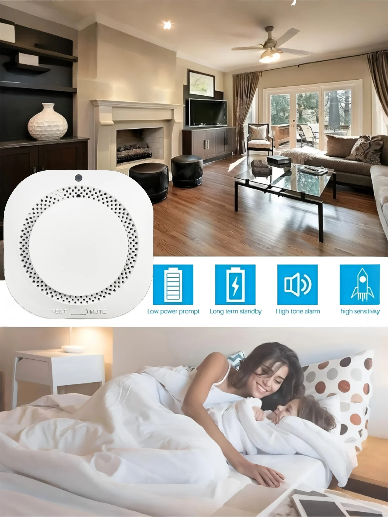 เครื่องตรวจจับควันไร้สายพร้อมเสียงและไฟ LED แจ้งเตือน, เตือนแบตเตอรี่ต่ำ, เซ็นเซอร์ป้องกันอัคคีภัยสำหรับบ้านและอาคารพาณิชย์ (ไม่รวมแบตเตอรี่) 1