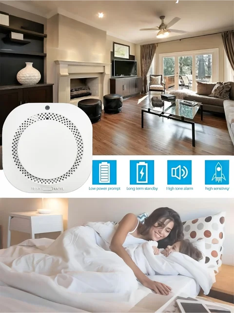 เครื่องตรวจจับควันไร้สายพร้อมเสียงและไฟ LED แจ้งเตือน, เตือนแบตเตอรี่ต่ำ, เซ็นเซอร์ป้องกันอัคคีภัยสำหรับบ้านและอาคารพาณิชย์ (ไม่รวมแบตเตอรี่) 1