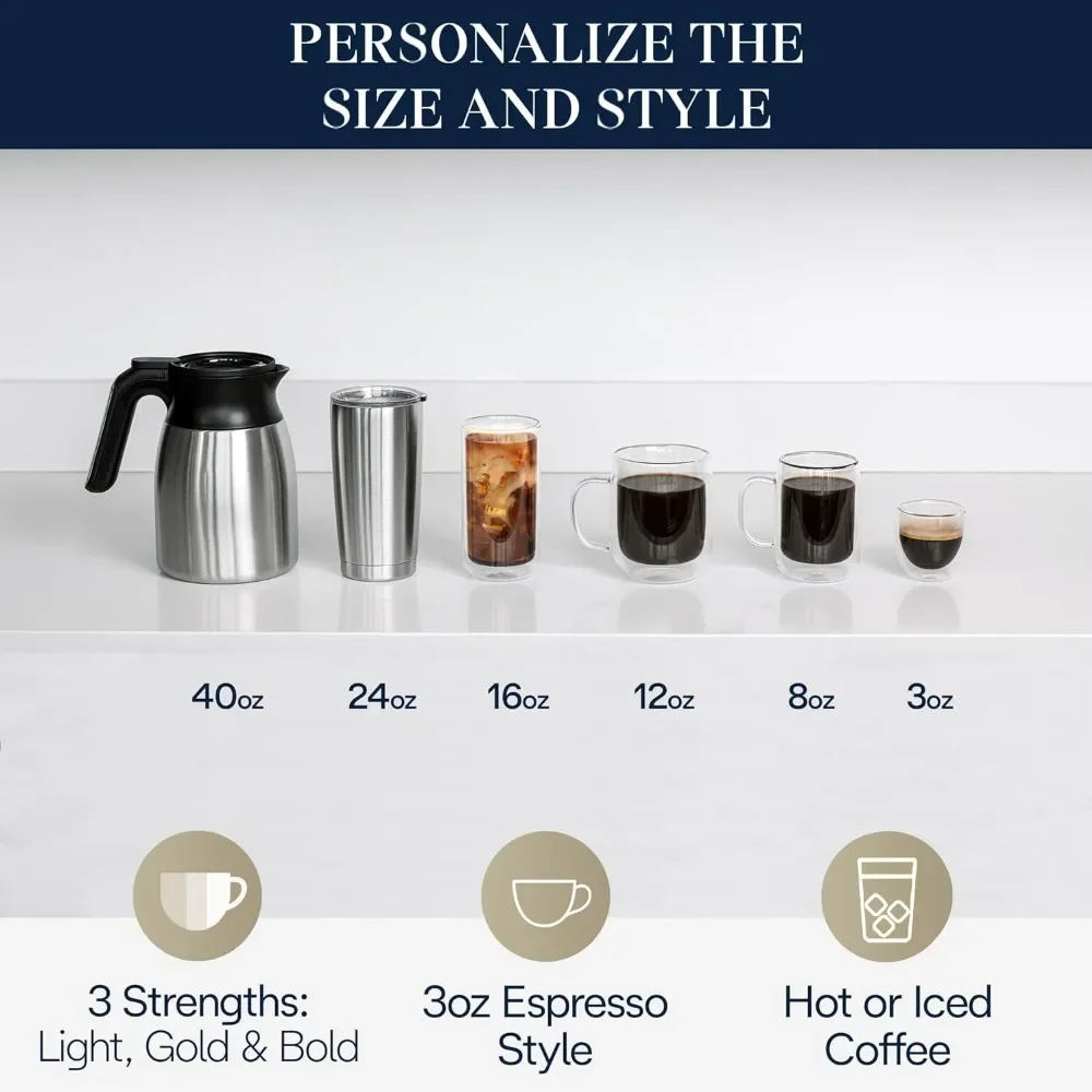 TrueBrew Drip Coffee Maker, Built in Grinder, Single Serve, 8 oz to 24 oz with 40 oz Carafe, Hot or Iced Coffee, Stainless 5