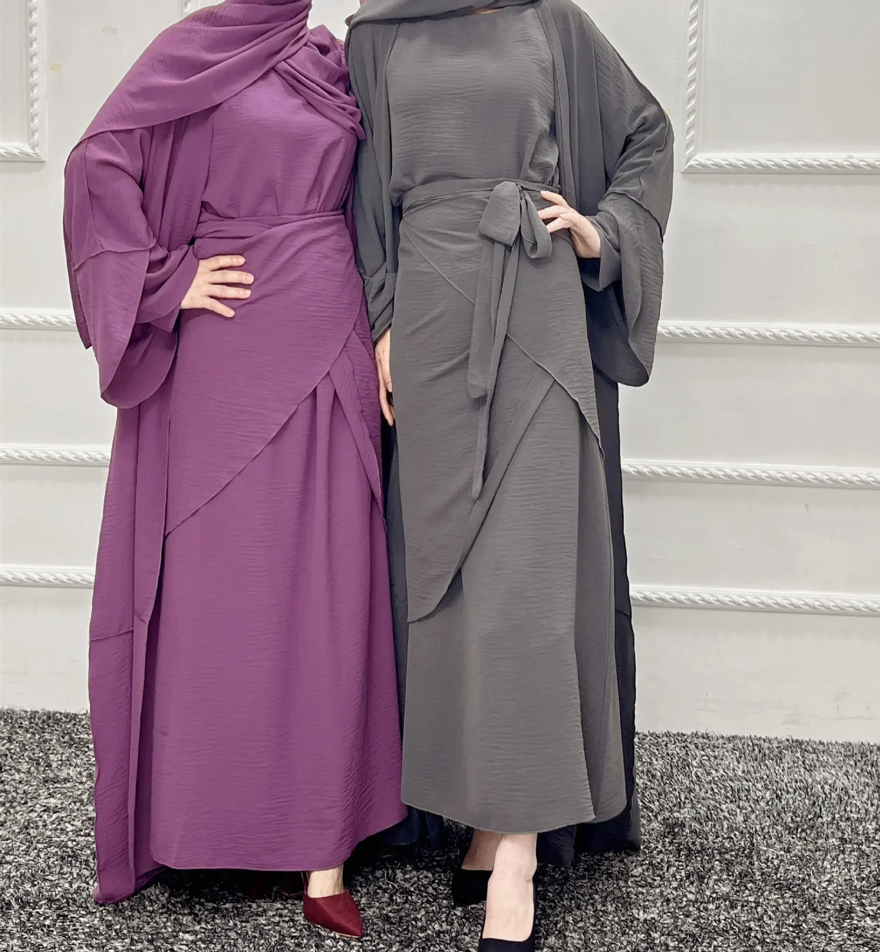 3 Piece Kimono Abaya Matching Muslim Set Crepe Abayas for Women Dubai Turkey Hijab Inner Dress Wrap Skirt Islamic Clothes Kaftan