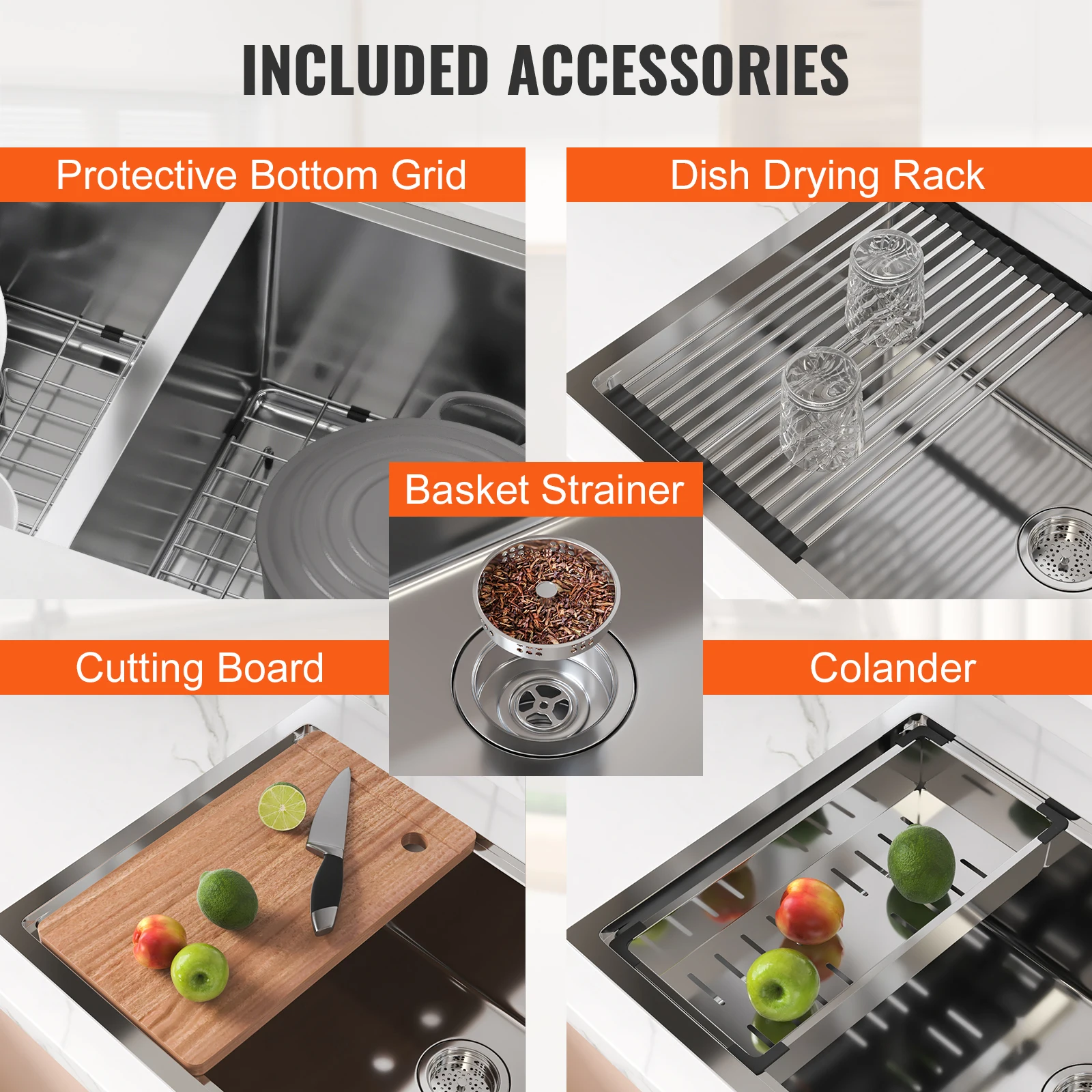 VEVOR 33inch  Kitchen Sink  Single/Double Bowl Stainless Steel Sink Workstation Step Sink with Cutting Board and Basket Strainer 6