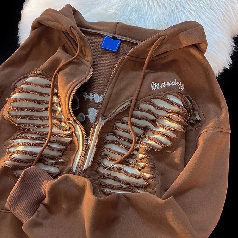 

Women Zip Up Hoodie Streetwear Retro Hole Long Sleeve Sweatshirts Gothic Punk Y2k Autumn Winter Female Hoodie Jackets