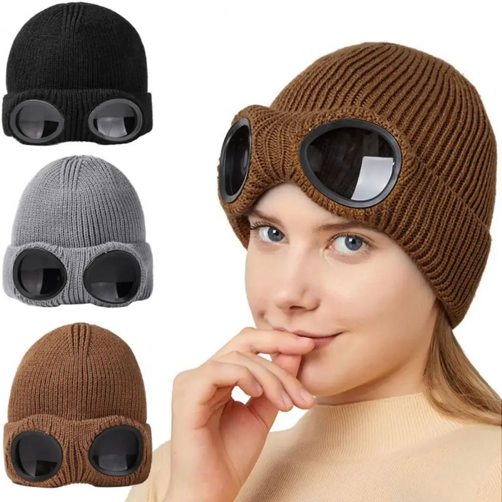

Glasses Knitted Hat Unisex Bomber Hat Elastic Warm Anti-slip Regular Fit Ear Protection Windproof Decor Winter Beanie Headwear