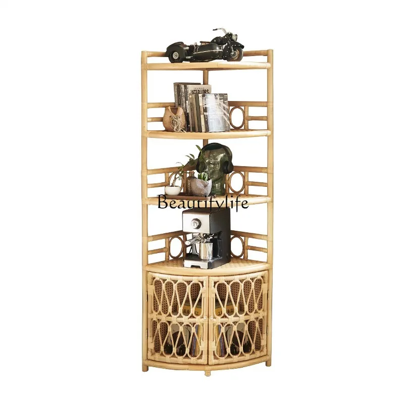 

Rattan Storage Floor Bookshelf Multi-Layer Storage Household Movable Fan-Shaped Display Stand