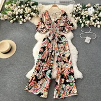 V Neck Sexy Dolman Sleeves Waist Slim Floral Print Jumpsuit Women Wide Leg Trousers Jumpsuit - Image 5