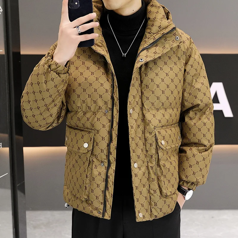 Winter Men's Thickened Warm Cotton Jacket Fashion B Letter Printed Hooded Down Cotton Jacket Handsome Casual Loose Coat