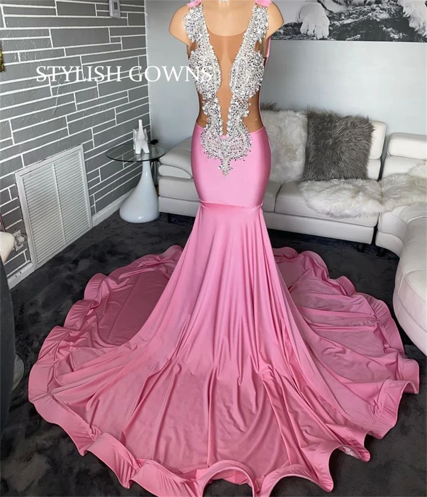 

Женское вечернее платье с круглым вырезом, розовое длинное официальное платье с бусинами