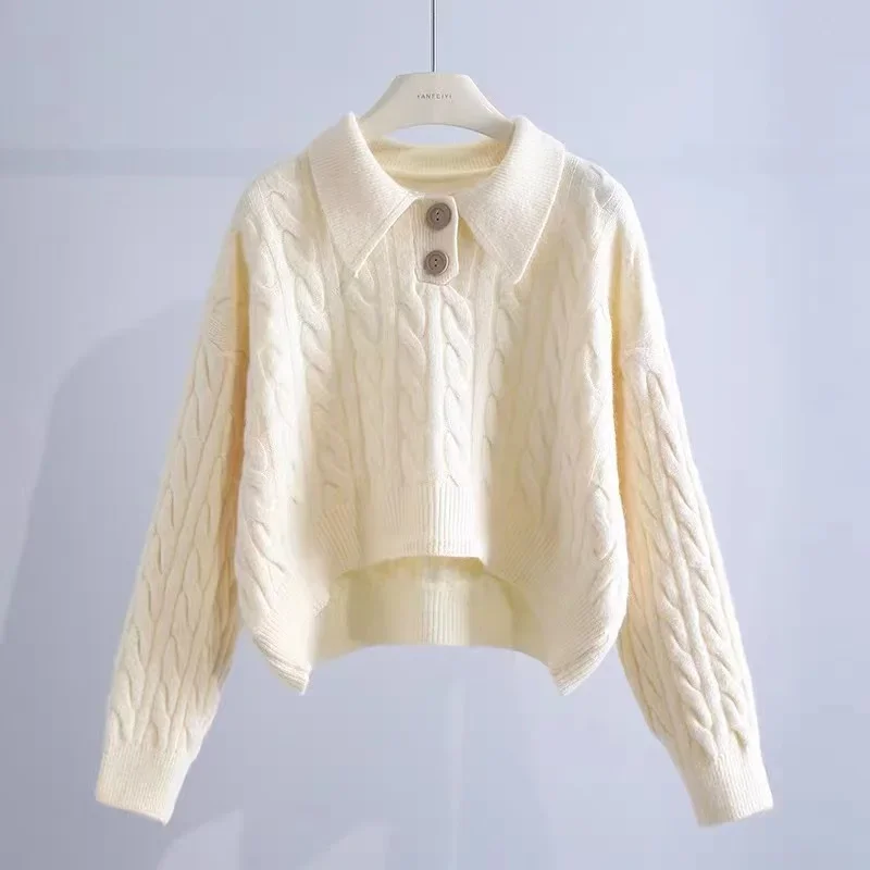 Autumn Elegant Casual Knitwear Winter New Women's Long Sleeve Short Sweater Fashion Polo Collar Button Pullover Knitted Top