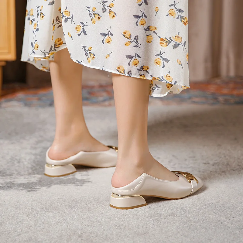 Plus Size 33-43 Women Gold Metal Buckle Leather Shoes Low Heel Round Toe Pumps Office Lady Soft Soles Slip on Shoes