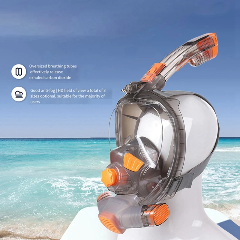 Snorkel Mask Man Woman Scuba Underwater Full Face Diving Mask Orange & Gray (L/XL)