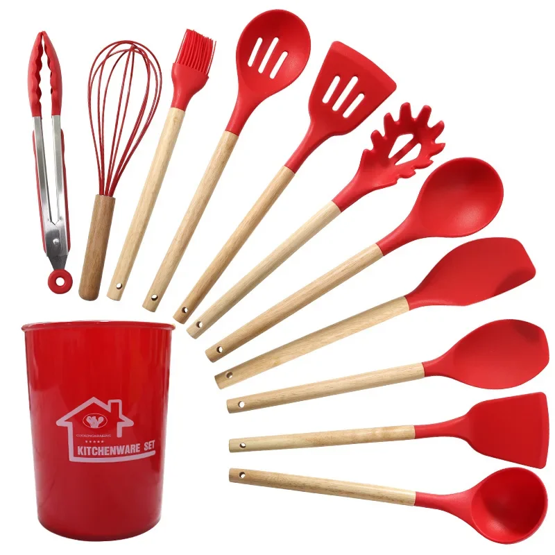 12-Piece Silicone Non-Stick Kitchen Utensil Set with Wooden Handles