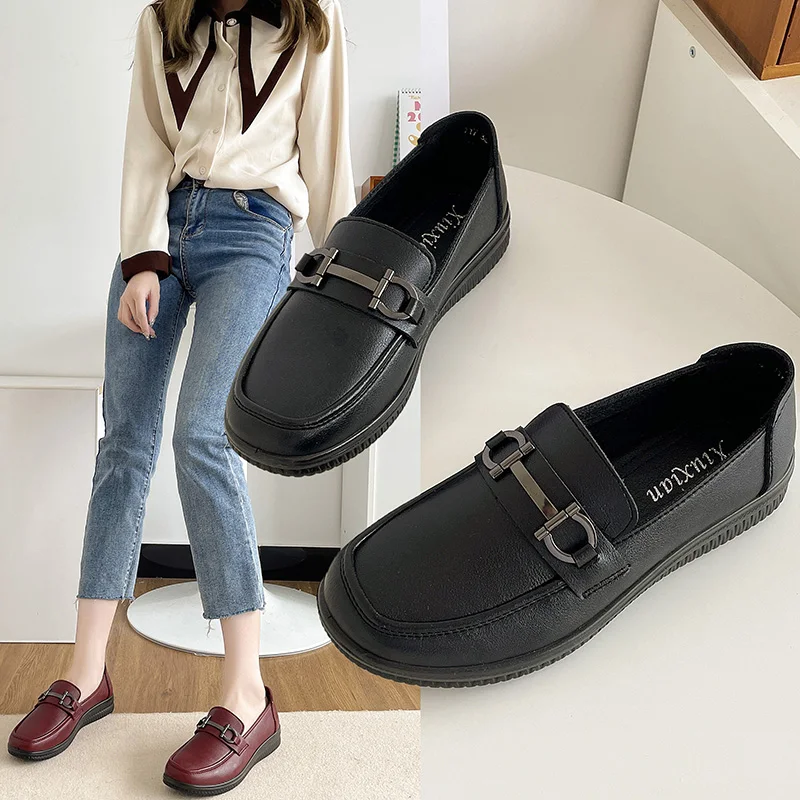 2022 Women Work Shoes Comfortable For Work Leather Shoes Women Flats