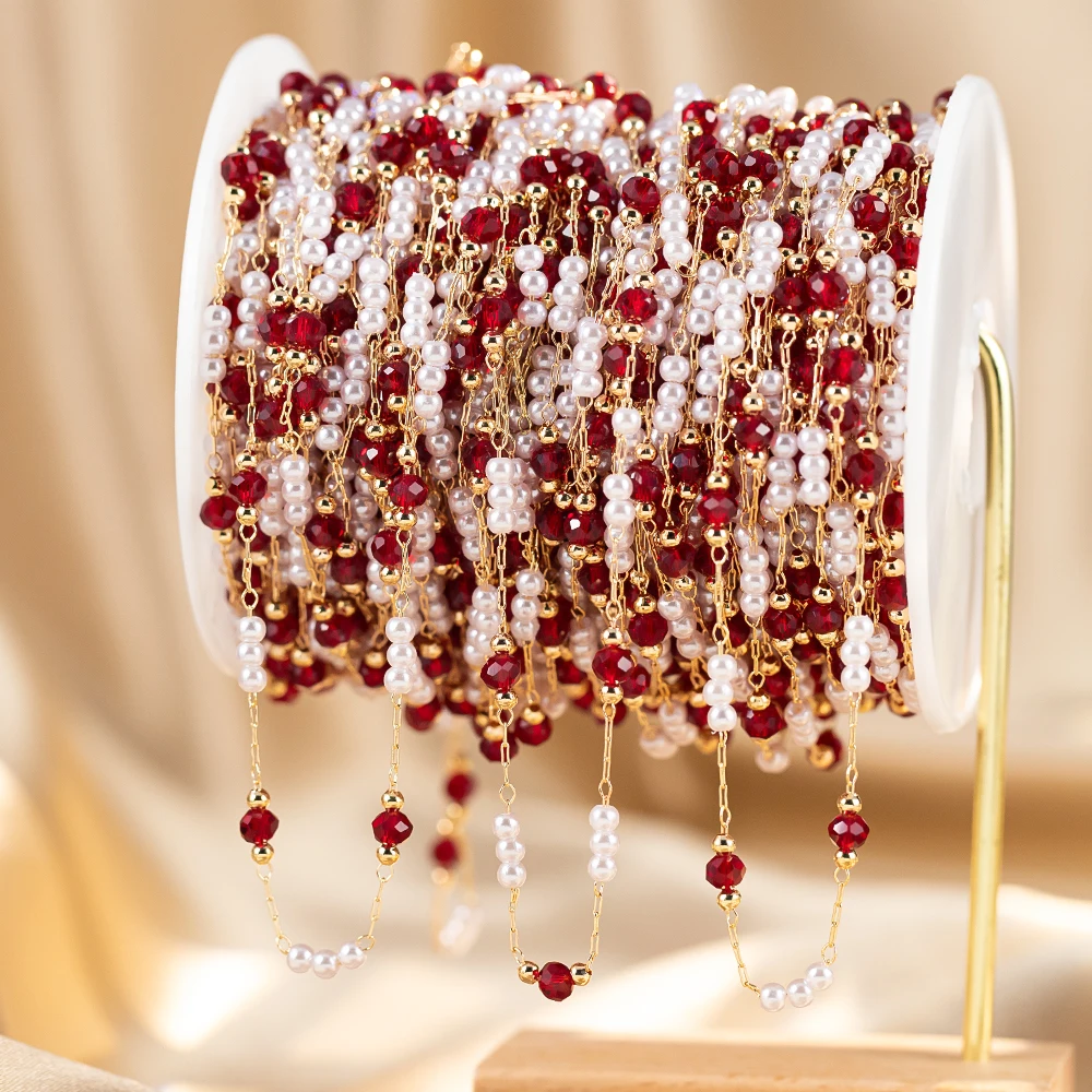 50 سنتيمتر/100 سنتيمتر تقليد اللؤلؤ النحاس سلسلة الأحمر الزجاج حبة سلسلة سوار ذاتي الصنع قلادة مستلزمات صناعة المجوهرات