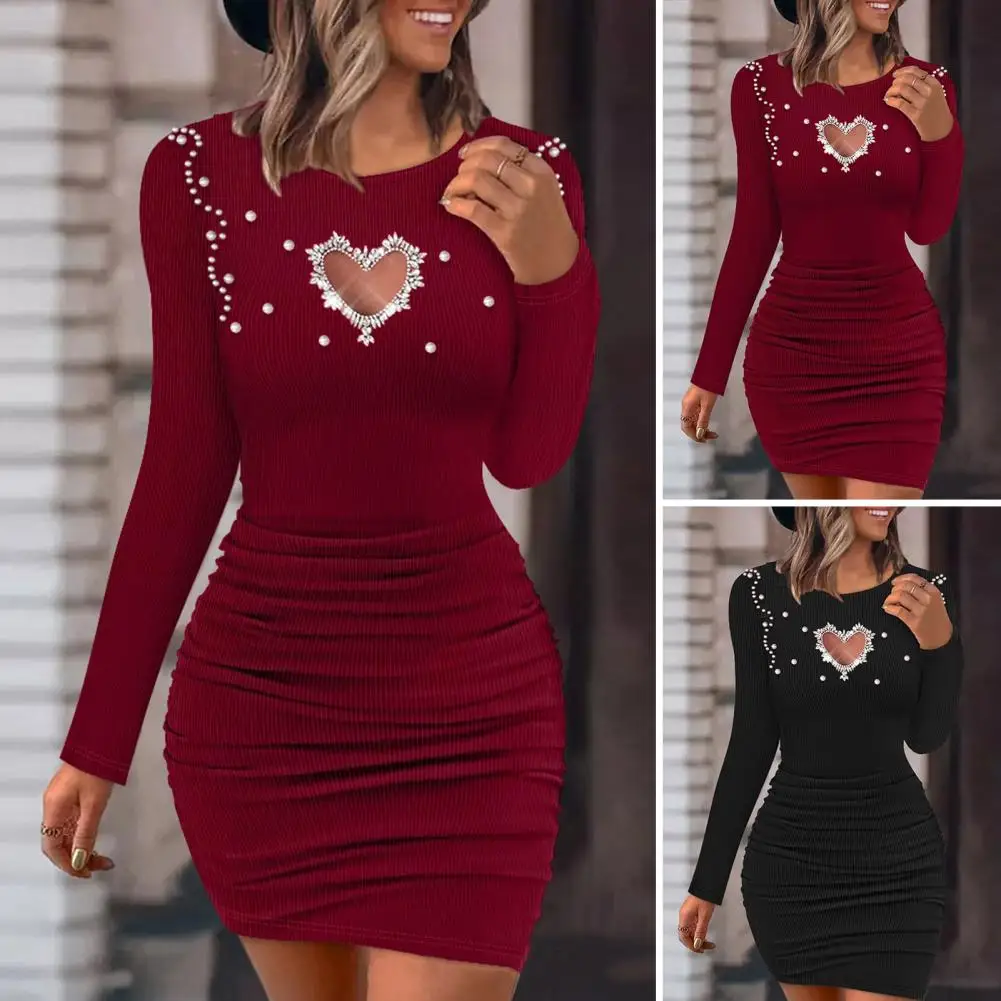 

Pleated Mini Dress Elegant Pearl-embellished Knit Sheath Dress with Cutout Heart Detail Women's Soft Stretchy Solid Color for A