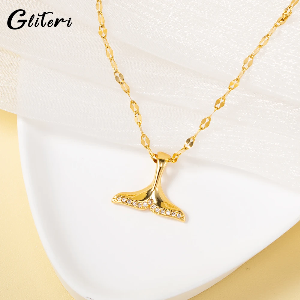 

GEITERI Trendy Gold Color Fishtail Pendant Necklaces For Women Girls Stainless Steel Zircon Chain Choker Jewelry Birthday Gifts