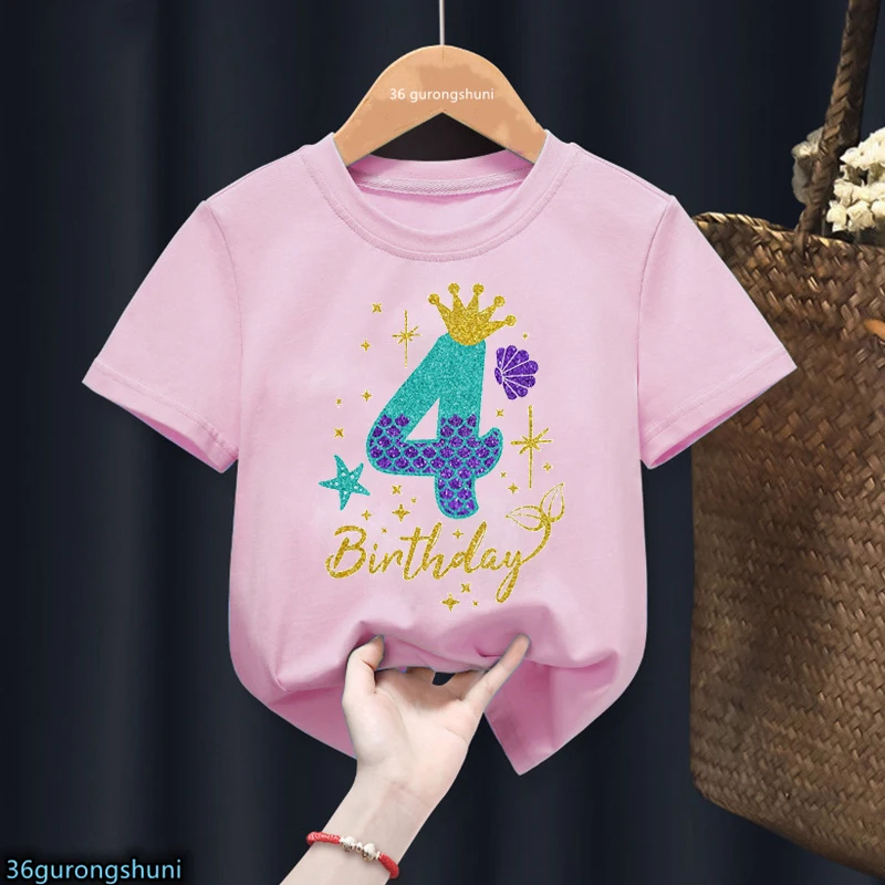 3th/4th/5th/6th Birthday Gift For Girls Tshirt Glitter Mermaid Princess Graphic Print T Shirt Kawaii Kids Clothes Summer Tops 5
