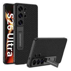 Suede Leather Stand Shockproof Protective Phone Case with Invisible Bracket for Galaxy S26 Ultra (Carbon fiber)