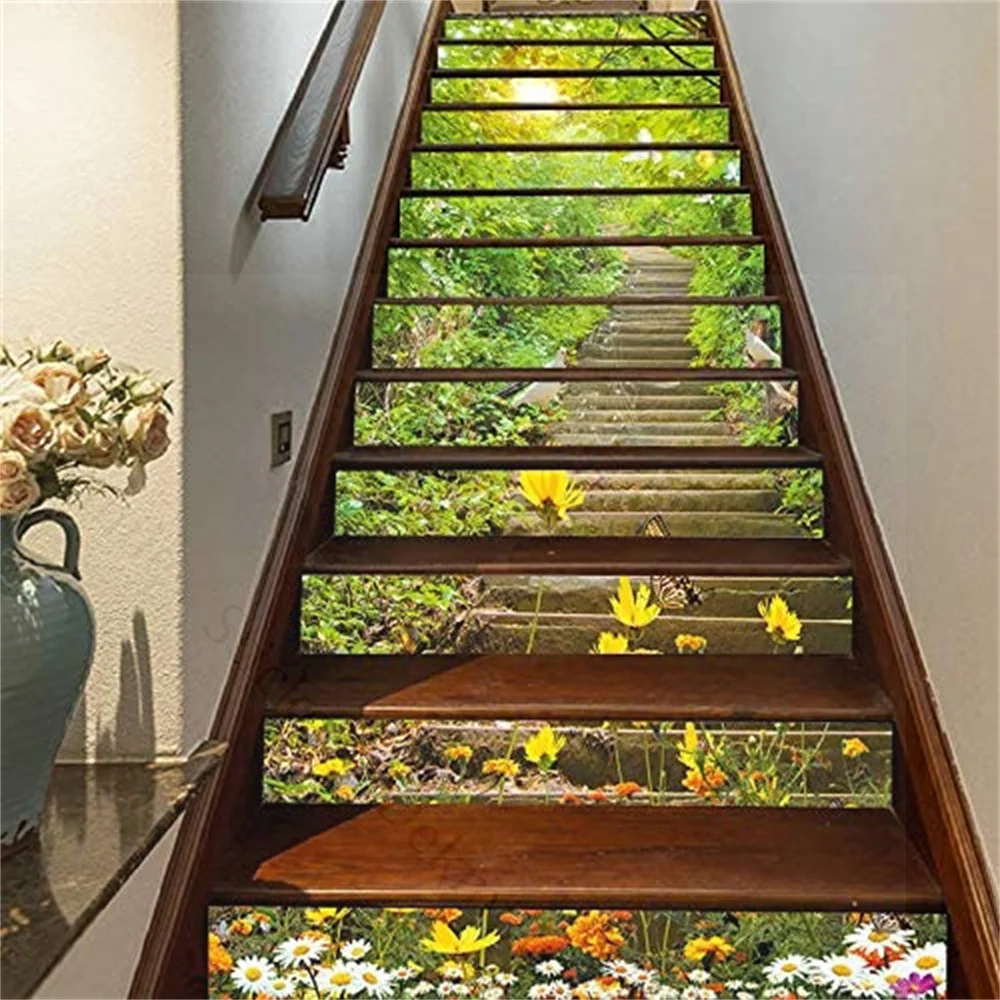 Self-adhesive Stair Sticker Landscape Planet Bookcase Vinyl Removable 3D Staircase Decor Bamboo Decals PVC Home Decor 6/13pcs sticker decoration 3d sticker paper vinyl stair nosing