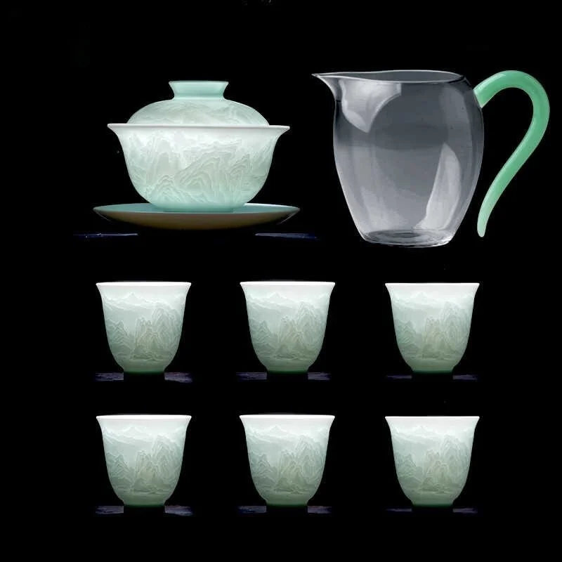 

Jingdezhen carved shadow celadon tea set cover simple landscape ceramic