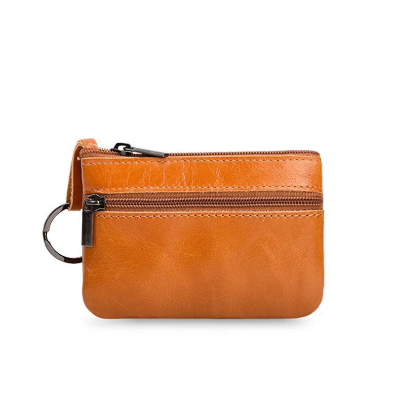 Genuine Leather Coin Wallet Purse Mini Wallets Waxy Leather Zipper Purses with Keychain Oil Wax Skin Coin Bag