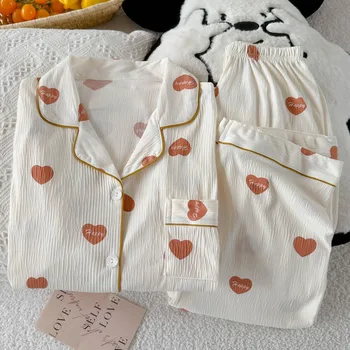 خريف جديد الحب القوس طباعة المرأة منامة طويلة الأكمام مجموعة 2 قطعة الحلو لطيف التلبيب ملابس خاصة زر أسفل المرأة منامة ملابس النوم 5