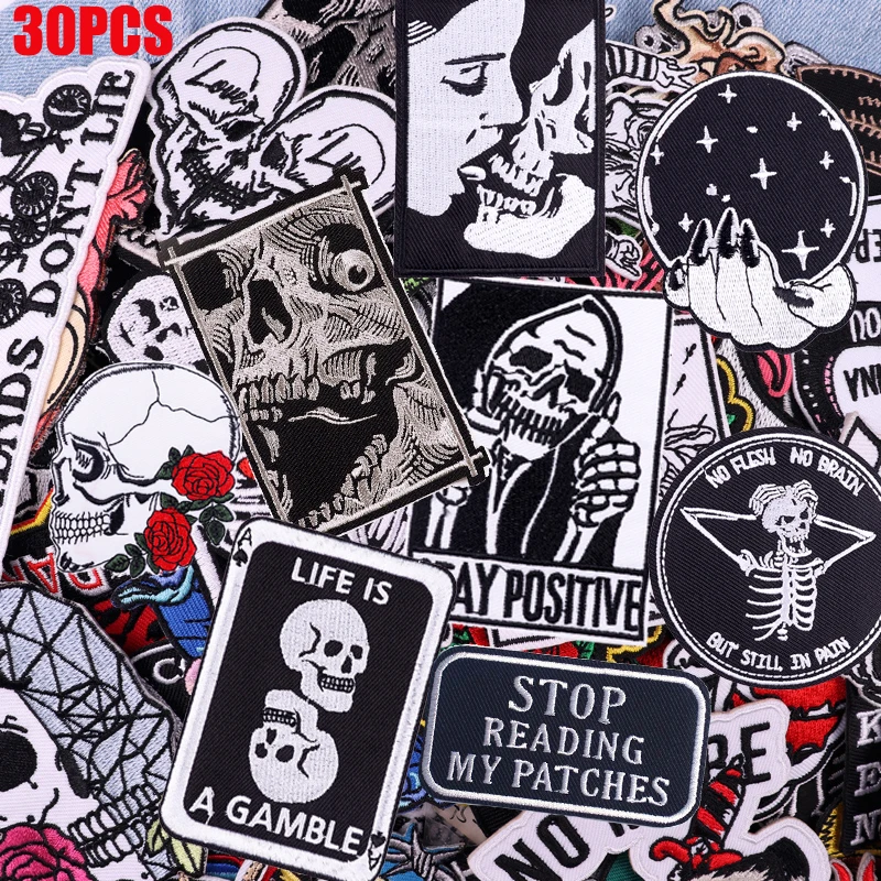 50pcs Punk Skull Patches – Black & White Embroidered Iron-On Mixed DIY Pack