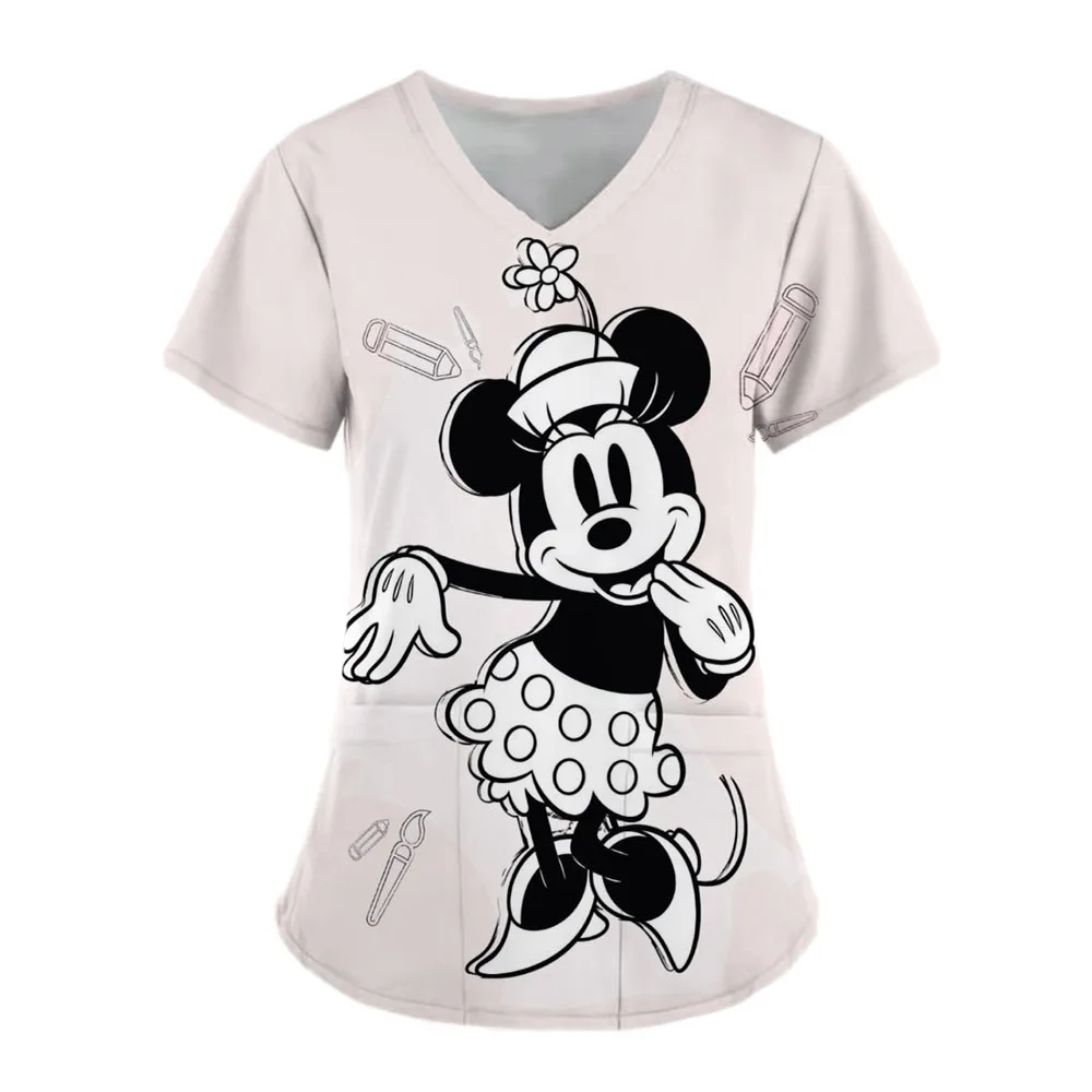 thumbnail image 1 of Uniforme de enfermera para mujer, camiseta de manga corta con cuello en V y estampado de Mickey Mouse de Disney, uniforme de enfermera de trabajo con bolsillos, 1 of 5