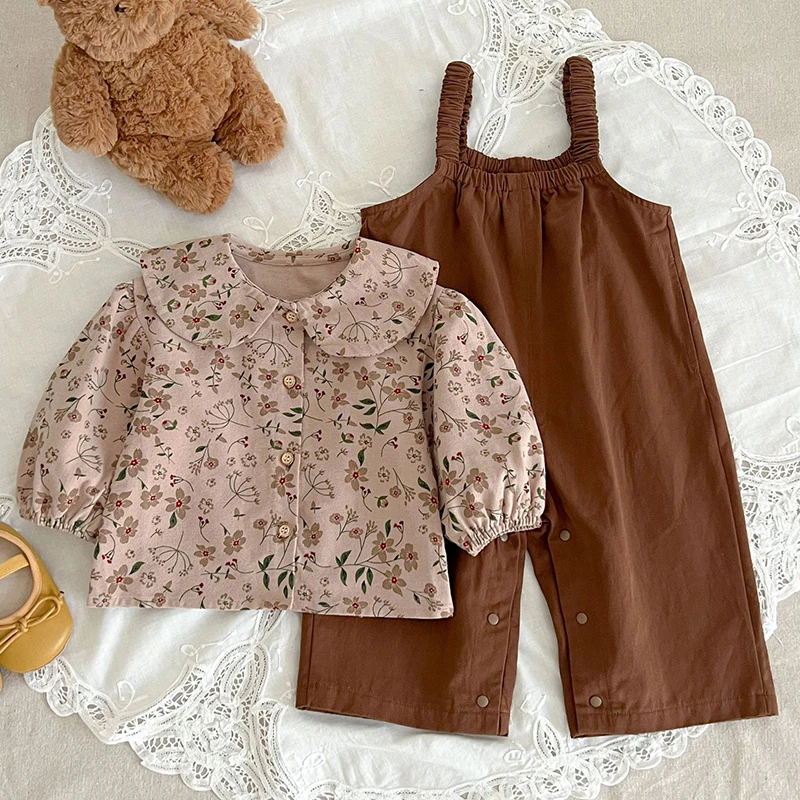 Infant Kids Baby Girls Long Sleeve Printing Shirt + Strap Pants Clothing Sets Autumn New Baby Girls Children's Clothes Suit