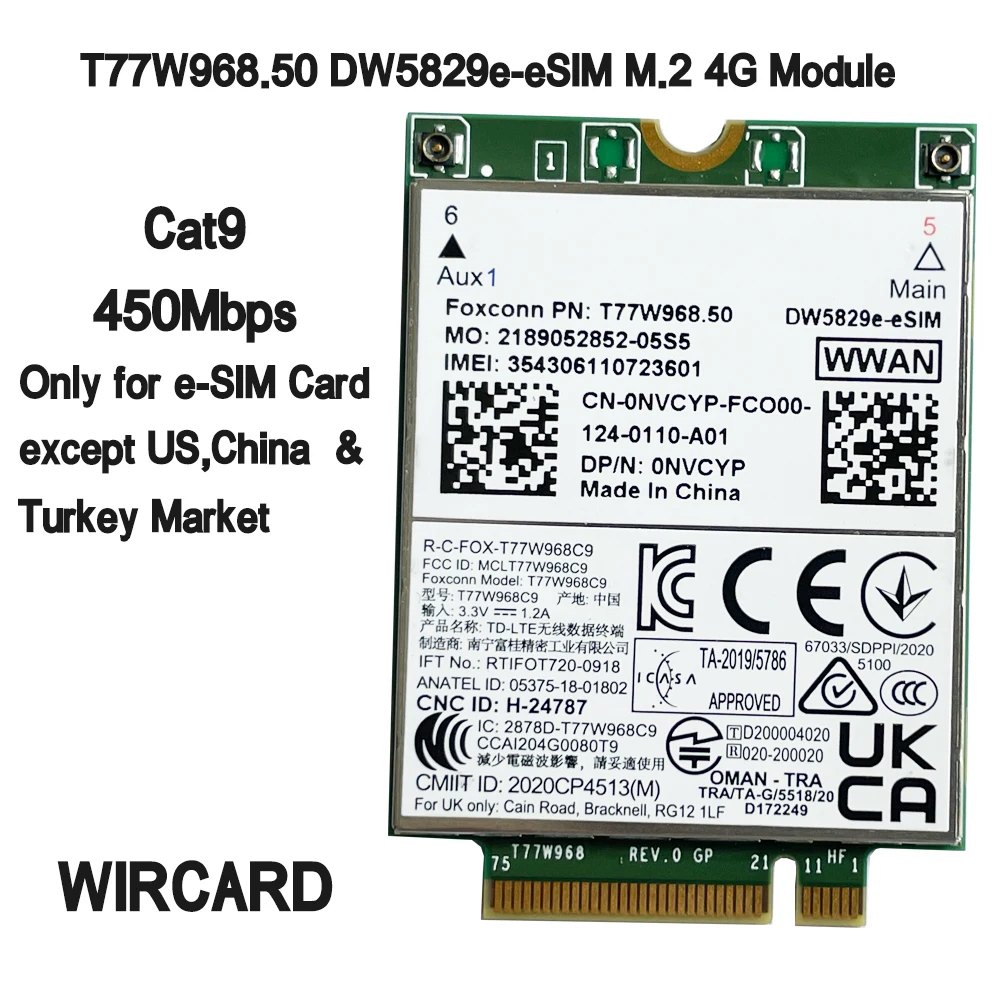 Módulo do Portátil 4g para Dell T77w968.50 Dw5829e-esim Dw5829e X20 Lte Cat9 450mbps Fdd-lte Tdd-lte Dell 7320 7330 7520 7530 7430