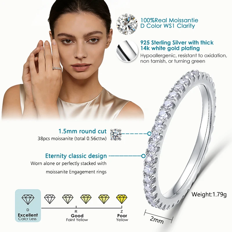 Anillo de moissanita completo ALLNOEL de 2mm para mujer, Color D VVS1, anillo de cola única para mujer, anillo de plata 925, banda de eternidad de boda con GRA 3