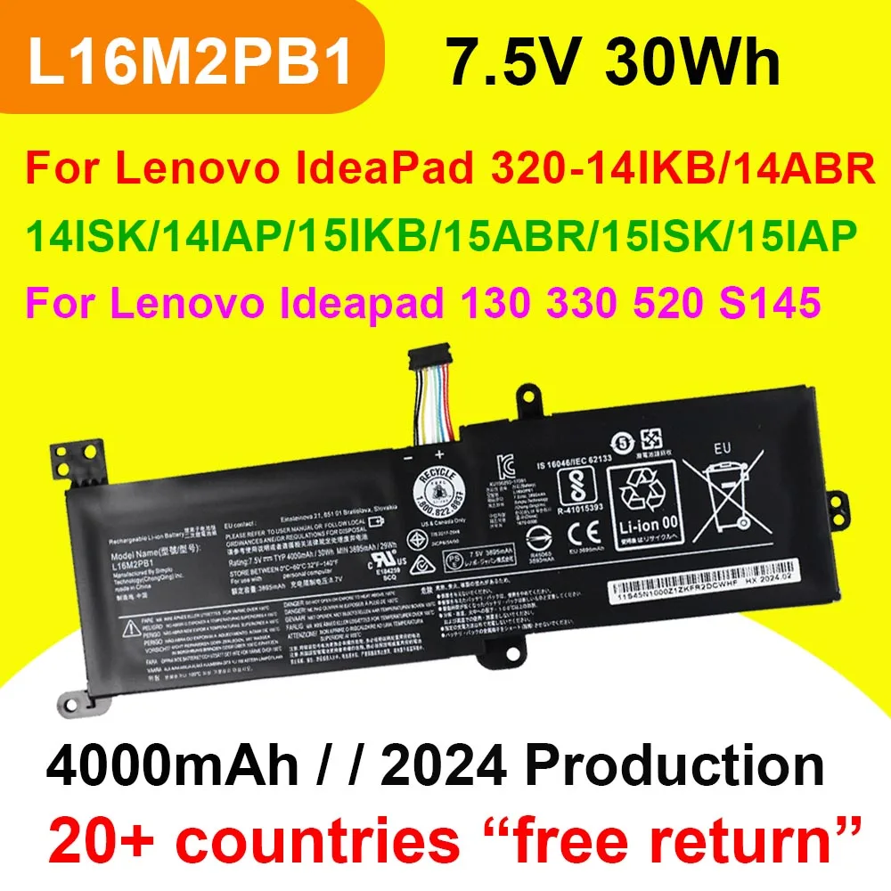 Bateria do Portátil para Lenovo Ideapad 130 320 330 520 S145 V145 15ikb 15ast 14ikb L16l2pb1 L16l2pb2 L16s2pb2 L16m2pb2 30wh L16m2pb1