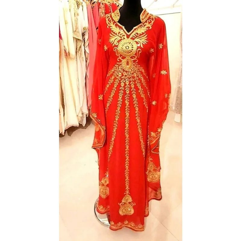 Rosso Nuovo Marocchino Dubai Caftani Macina Abaya Vestito Molto Decorato Lunga Tendenza Della Moda