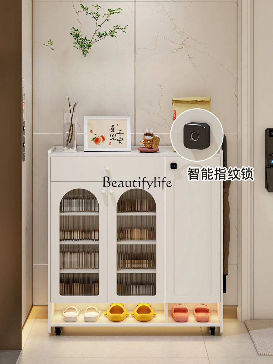 

Cream Wind Movable Cabinet with Lock Home Door Shoe Cabinet Storage